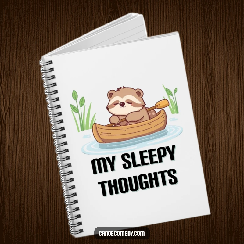 Funny notebook cover featuring a sleepy sloth slowly drifting in a canoe, ready for jotting ideas.