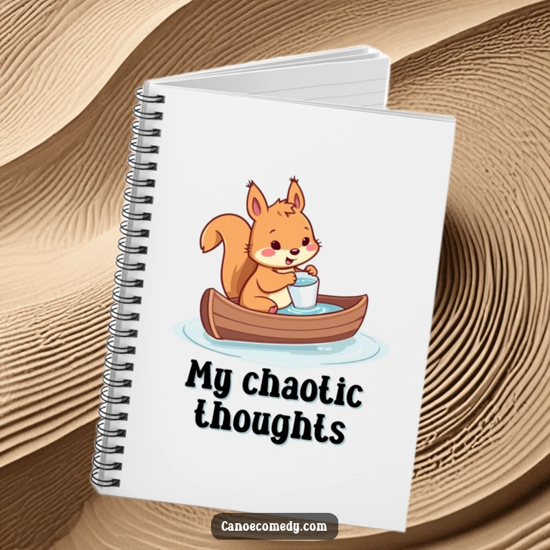 Funny notebook featuring a squirrel frantically bailing water from a sinking canoe with a tiny cup, perfect for jotting notes with humor.