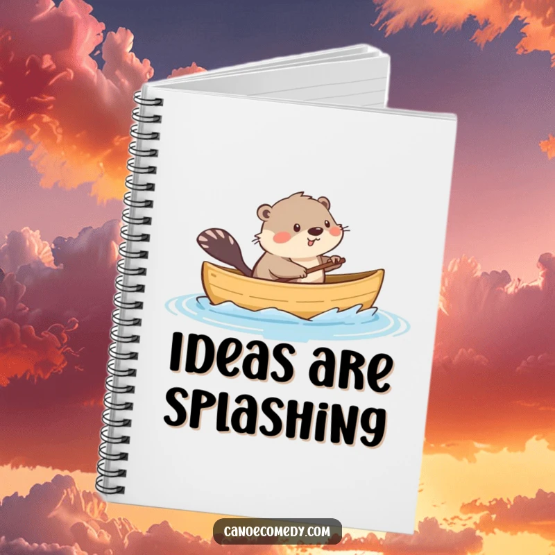 Funny notebook featuring a playful kawaii muskrat in a canoe, splashing water, ideal for writing humorous notes and ideas.