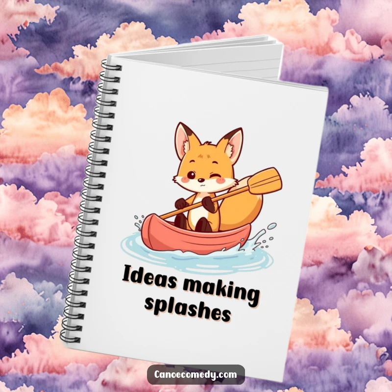 Funny fox splashing water with a paddle in a canoe, playful notebook cover, energetic animal journal, gift for writers.