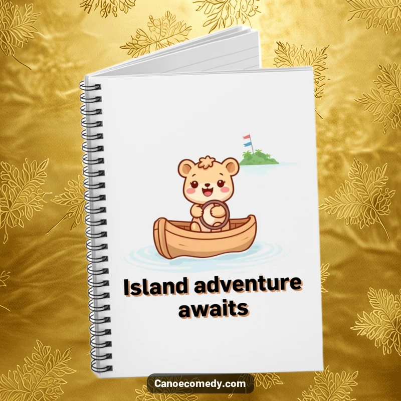 Funny notebook cover with a happy animal steering a canoe towards a sparkly island, inspiring hopeful planning.
