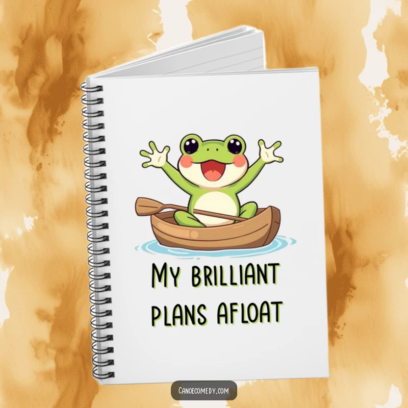 Funny Kawaii frog in a canoe, excitedly waving its arms, a lined notebook for writing and drawing.
