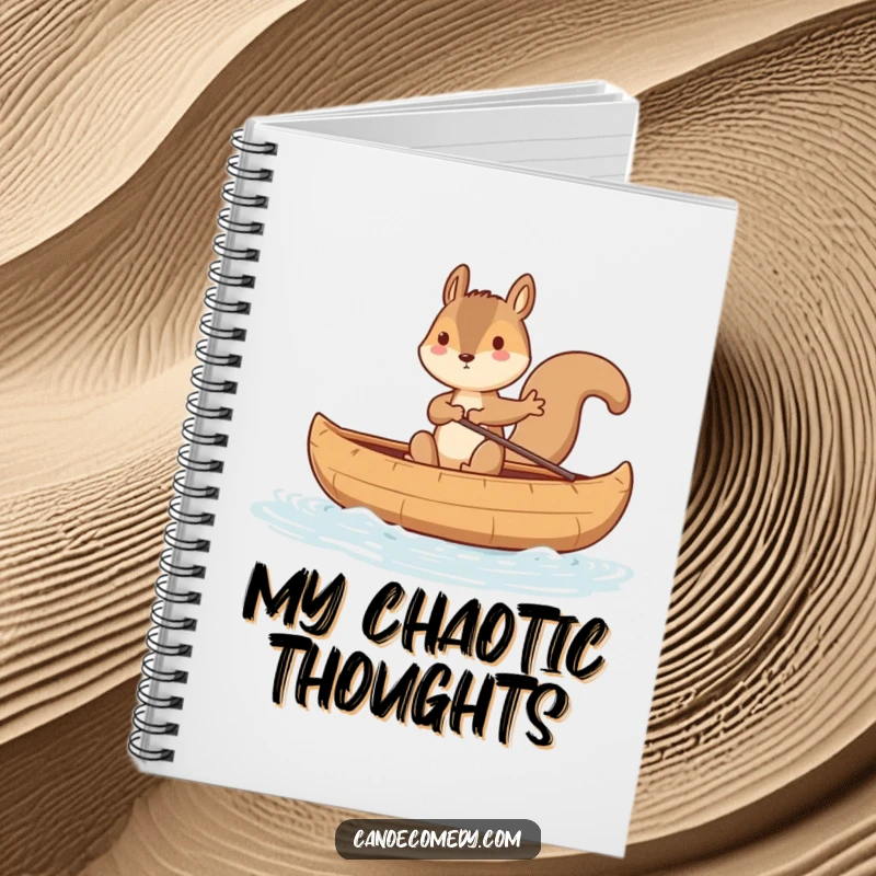 Funny squirrel character with a comical expression trying to balance in a canoe, suitable for a funny notebook gift.