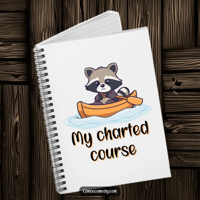 Funny kawaii raccoon navigating a canoe through gentle waves, cute notebook cover, adventure journal, gift for writers.