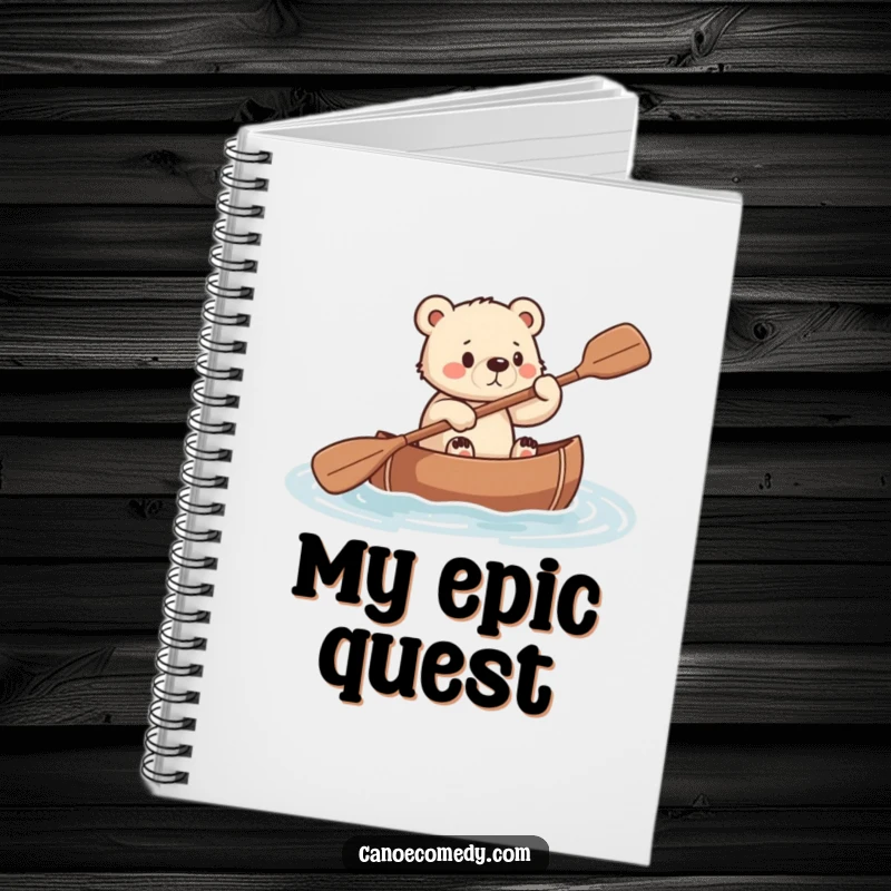 Funny notebook cover featuring a small bear cub paddling a canoe with unwavering determination.