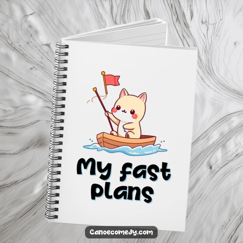 Funny Kawaii animal character waving a flag from a speeding canoe, shown on the cover of a notebook.