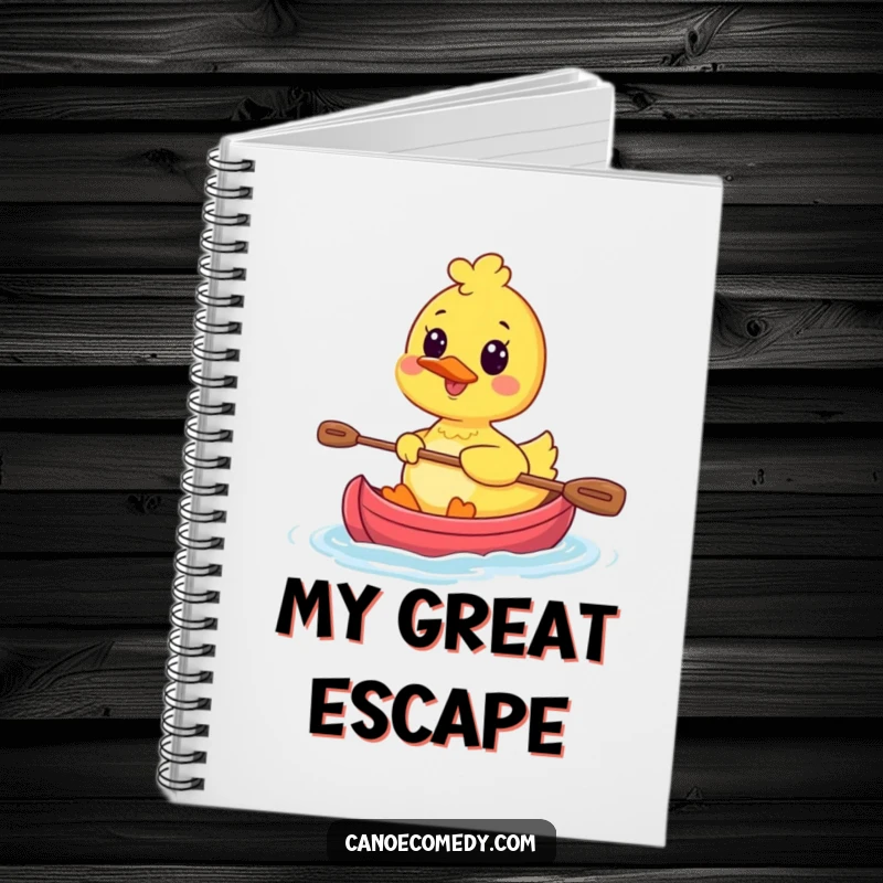 Funny Kawaii Duck Journey Notebook featuring a happy duck character paddling a tiny canoe, ready to record inspired ideas.