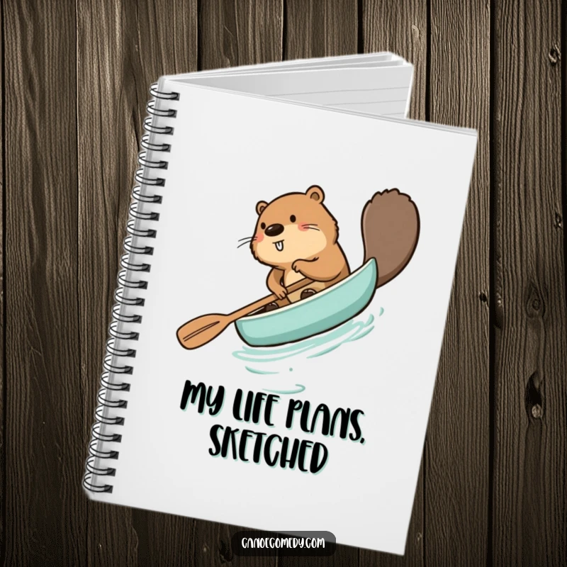 Funny beaver notebook, comically paddling a canoe backward with a determined yet confused expression, perfect for capturing funny thoughts.