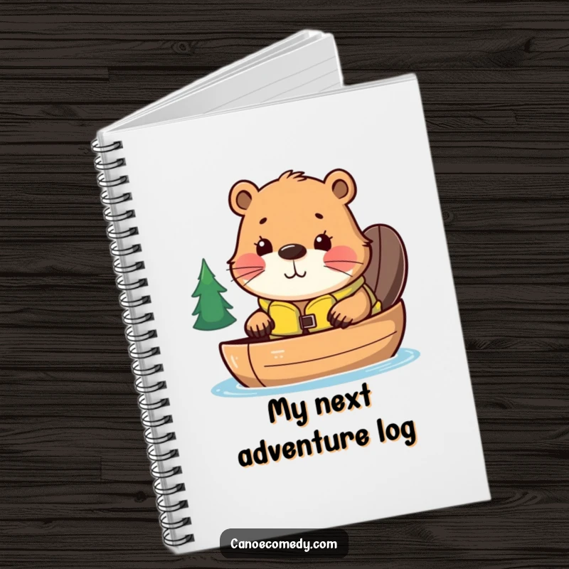 Funny notebook with a curious kawaii beaver in a life jacket, ready to canoe, perfect for writing funny notes and ideas.