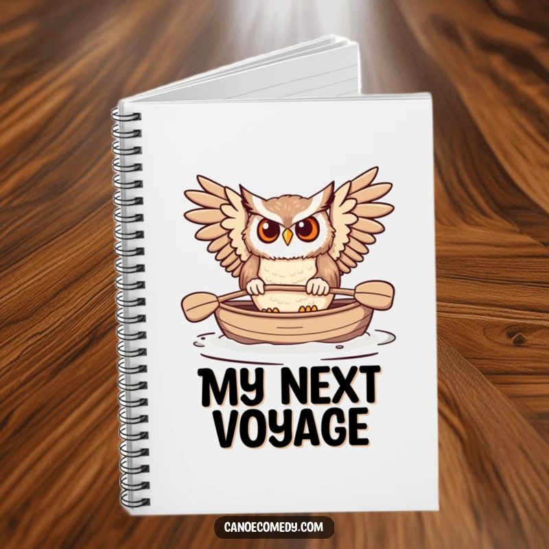 Funny Owl Paddling Canoe Notebook, depicting a determined owl paddling a canoe, ideal for capturing notes and ideas.