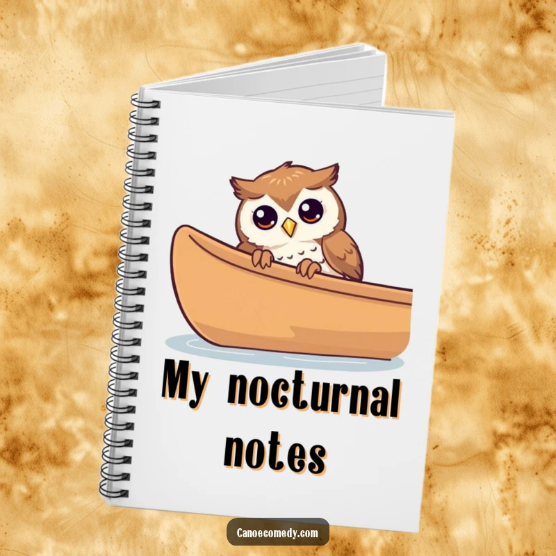 Funny curious owl peeking from a canoe on a notebook cover, symbolizing thoughtful exploration.