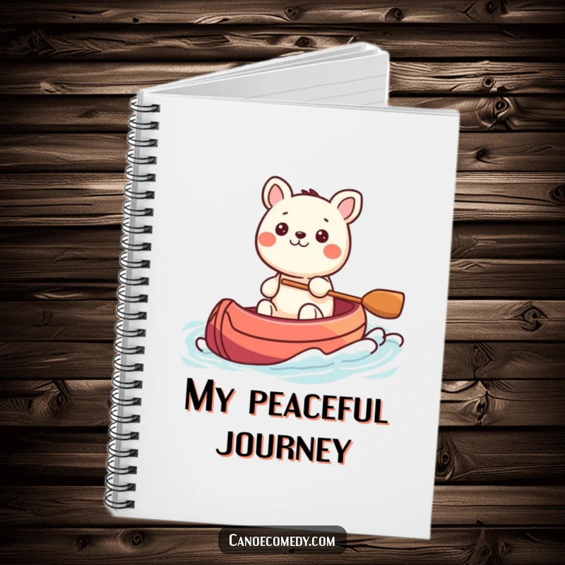 Funny Kawaii animal character steering a colorful canoe through gentle waves, a humorous notebook for peaceful writing.