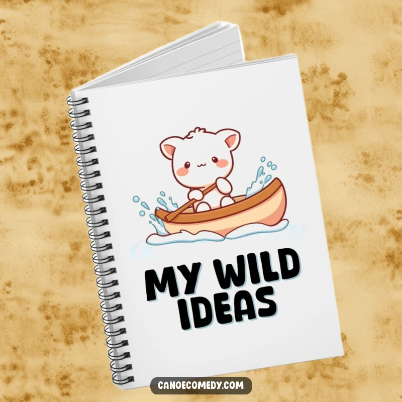 Funny Kawaii animal character playfully splashing water from a canoe, a humorous notebook for playful writing and ideas.