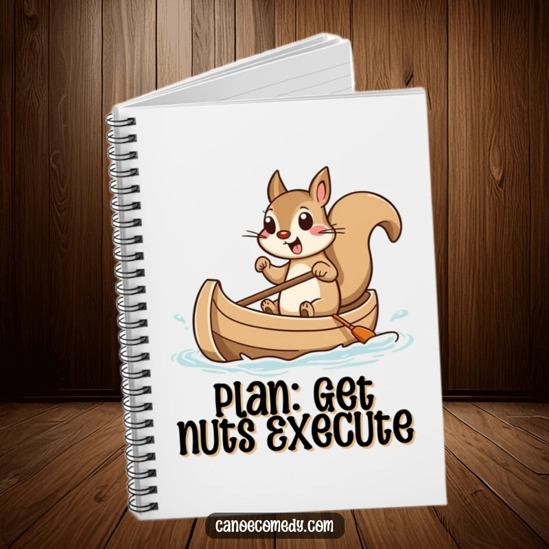 Funny squirrel notebook with a depiction of a squirrel steering a tiny canoe with excitement, inspiring creative writing.