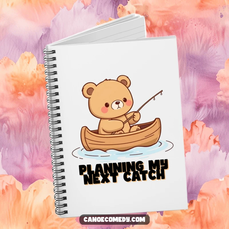 Funny Kawaii Bear Notebook: Content bear fishes from a canoe, perfect for jotting down thoughts.