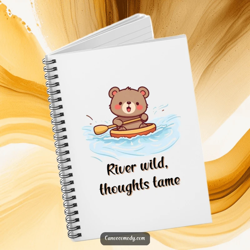 Funny notebook with a bear paddling a canoe illustration, encouraging fun ideas and notes for creative minds.