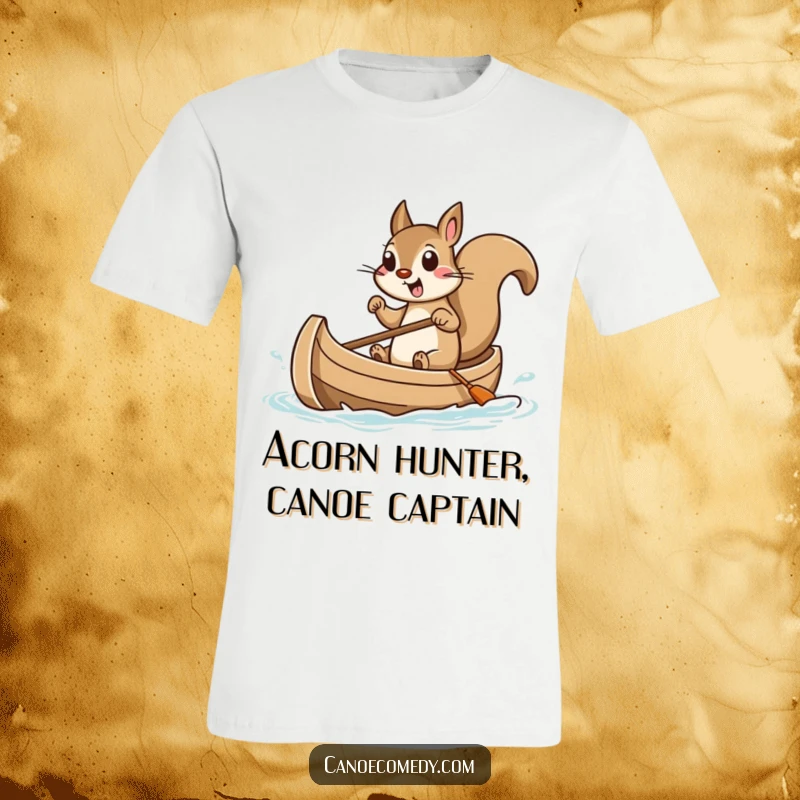 Funny squirrel t-shirt featuring a squirrel fiercely steering a miniature canoe with a look of intense excitement and focus.