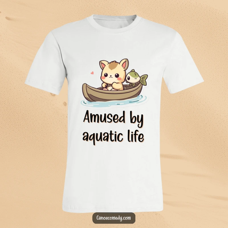 Funny Kawaii animal character in a canoe, looking amused at a fish, printed on a t-shirt for comedic effect.