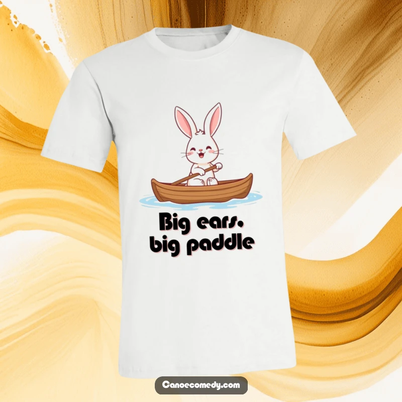 Funny rabbit t-shirt illustration of a cheerful rabbit with prominent ears paddling a canoe enthusiastically down a waterway.
