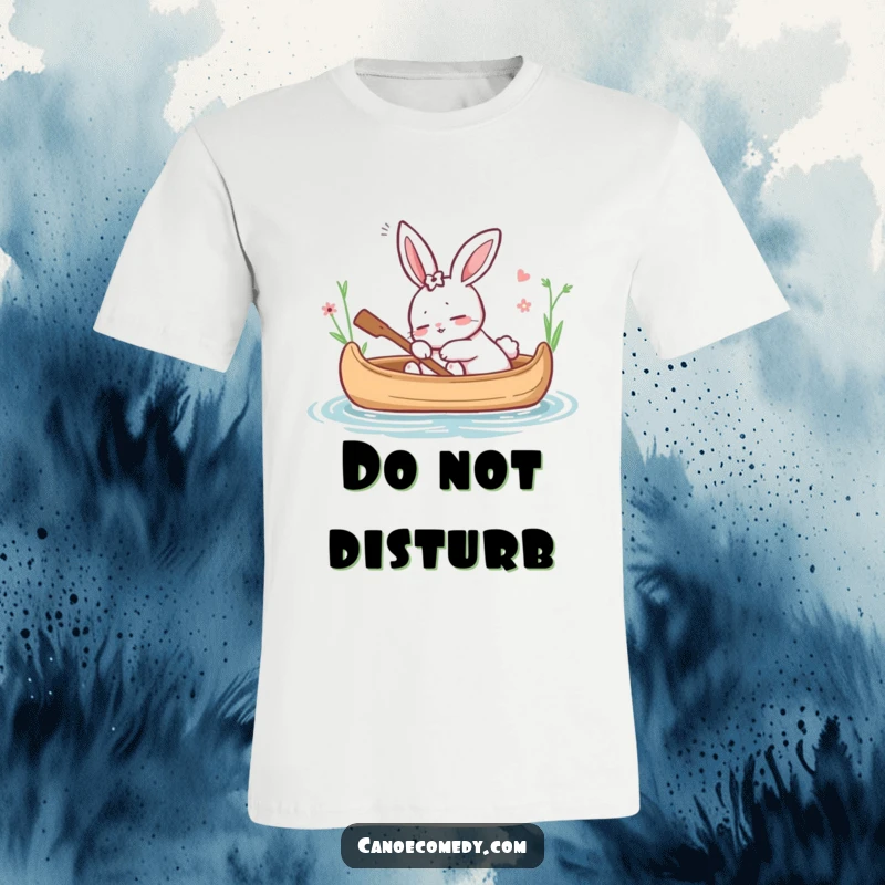 Funny t-shirt featuring a cartoon rabbit dozing peacefully in a canoe, embodying rest and serenity, ideal for funny gifts.