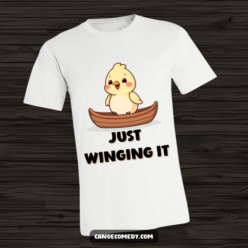Funny chirpy bird happily sitting in the front of a canoe, looking adventurous on a t-shirt, ideal for a funny gift.