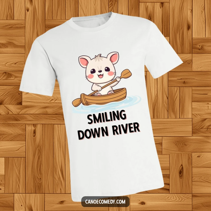 Funny cheerful animal t-shirt, a happy character with a big smile paddling a small canoe, showcasing pure joy and humorous adventure.