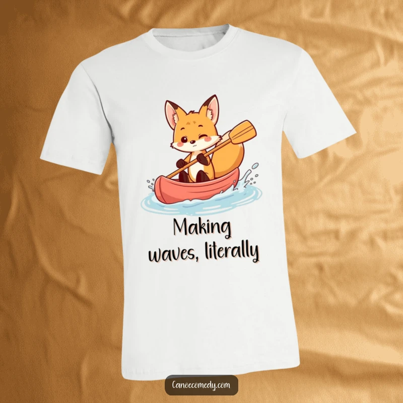 Funny fox splashing water from a canoe with its paddle, playful animal t-shirt, energetic outdoor theme.