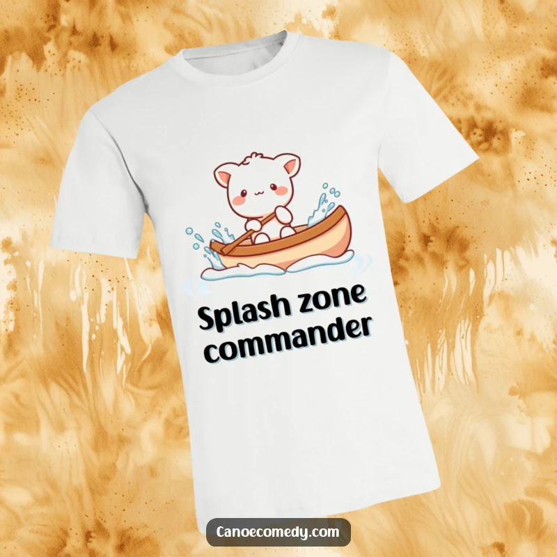 Funny Kawaii animal character playfully splashing water from a canoe, captured on a comfortable and humorous t-shirt.