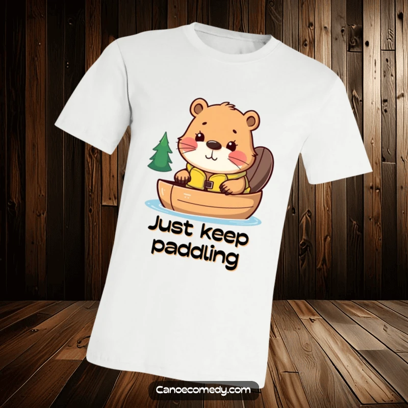 Funny t-shirt with a curious kawaii beaver wearing a life jacket, peeking over a canoe, representing outdoor fun and humor.