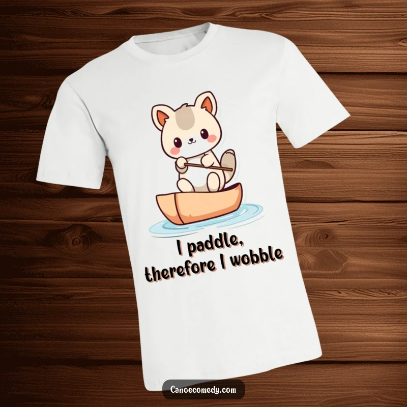 Funny Kawaii animal character in a tiny canoe, nearly falling out, depicted on a t-shirt for comedic effect.