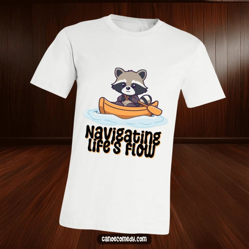 Funny kawaii raccoon in a canoe, navigating gentle waves, cute adventure t-shirt design.