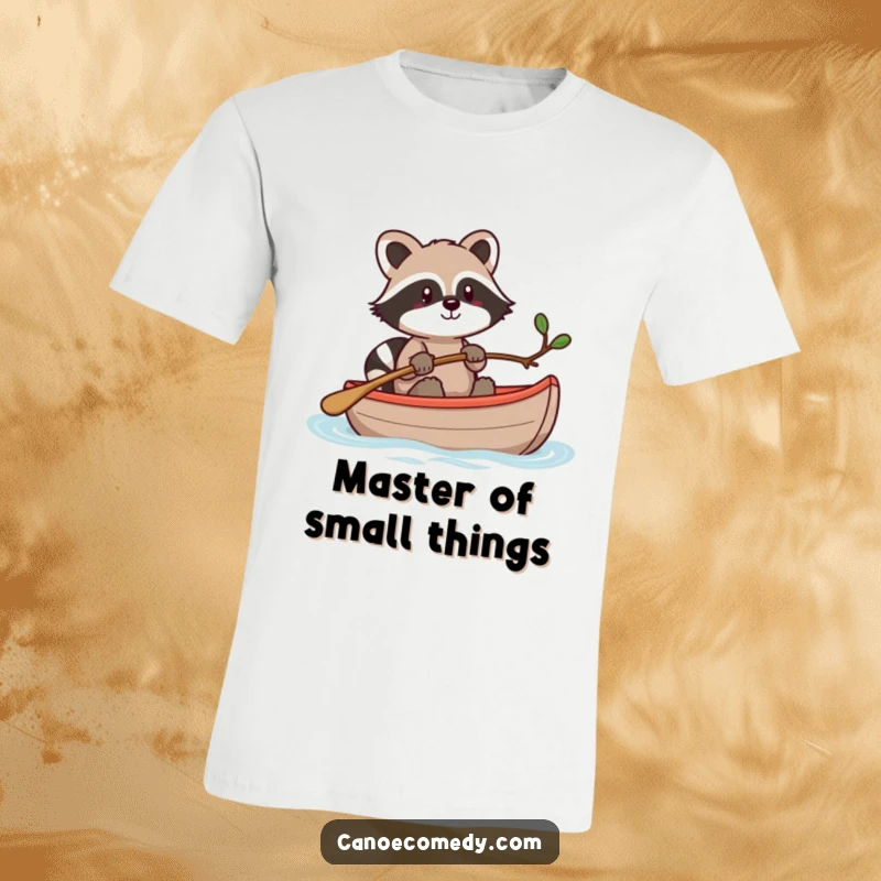 Funny Kawaii raccoon in a canoe, steering with a twig, showcasing resourcefulness and a touch of mischief.