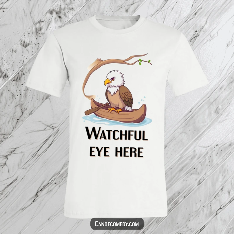 Funny t-shirt design of a majestic eagle perched alertly in a canoe, surveying the landscape.