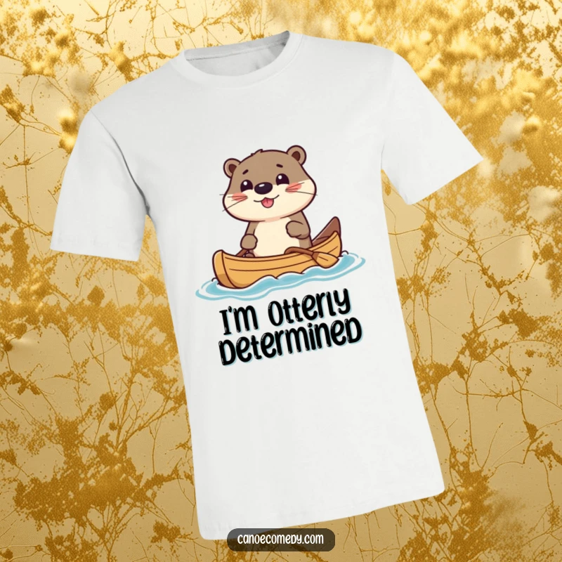Funny T-Shirt with a cute kawaii otter character paddling a canoe with a happy, energetic expression. Perfect for water lovers.