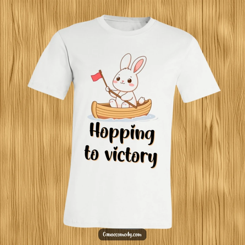 Funny cheerful rabbit in a canoe, enthusiastically waving a small flag, conveying a sense of optimistic adventure and lighthearted fun.