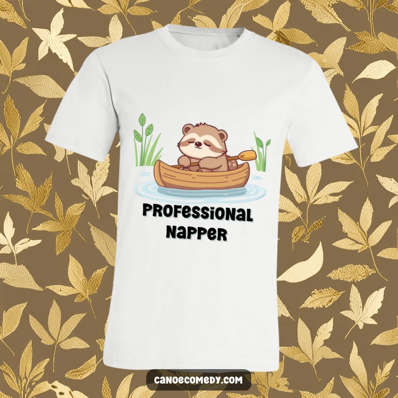 Funny t-shirt design of a very sleepy sloth gently drifting downstream in a canoe.