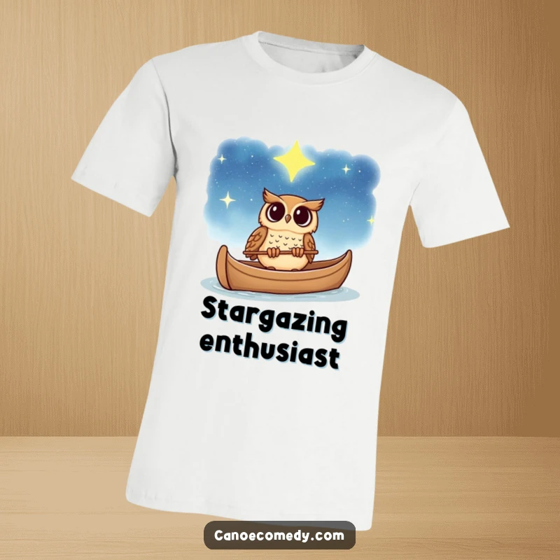 Funny owl t-shirt, looking up in awe at a starry night sky from a canoe, capturing a moment of profound wonder.