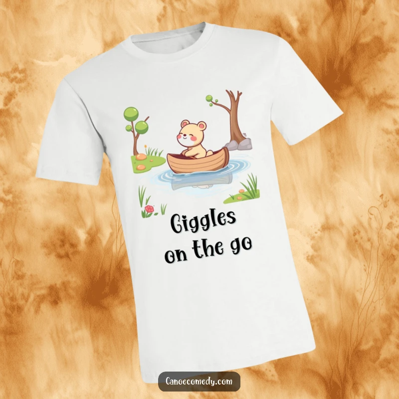 Funny t-shirt featuring a delighted animal giggling while its canoe drifts serenely down a calm stream, radiating pure happiness.