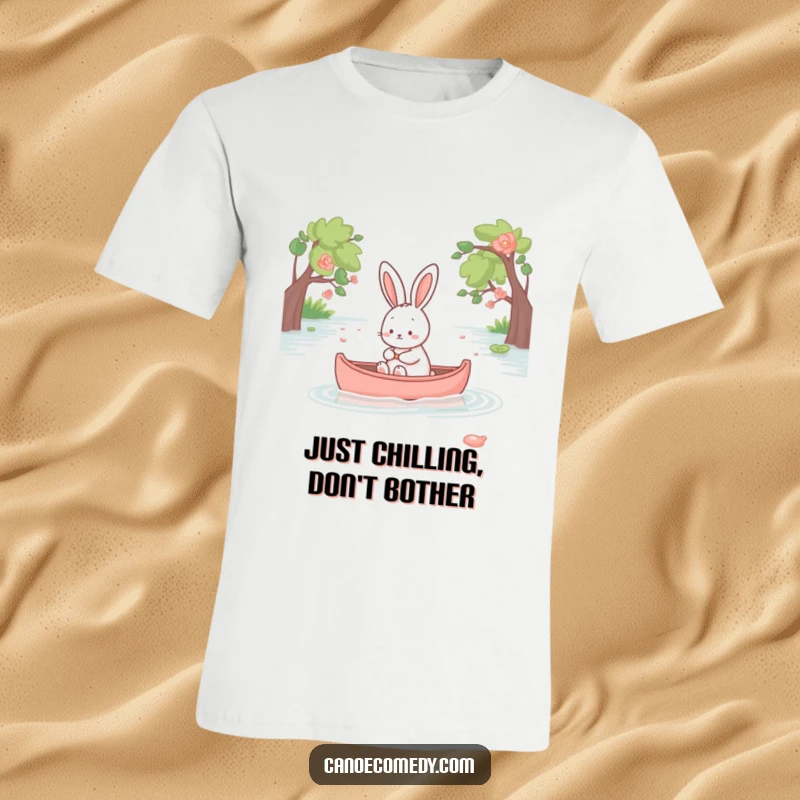 Funny kawaii rabbit in a canoe, looking peaceful and serene on a calm lake, cute animal t-shirt design.