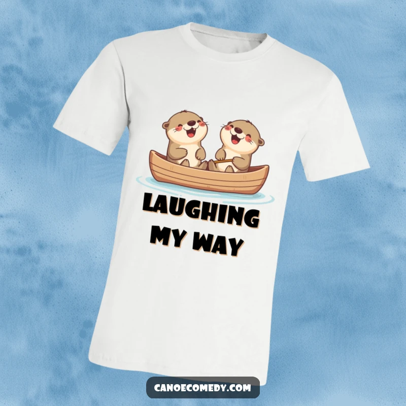 Funny Kawaii otters in a canoe, bursting into laughter together, a cheerful and humorous t-shirt.