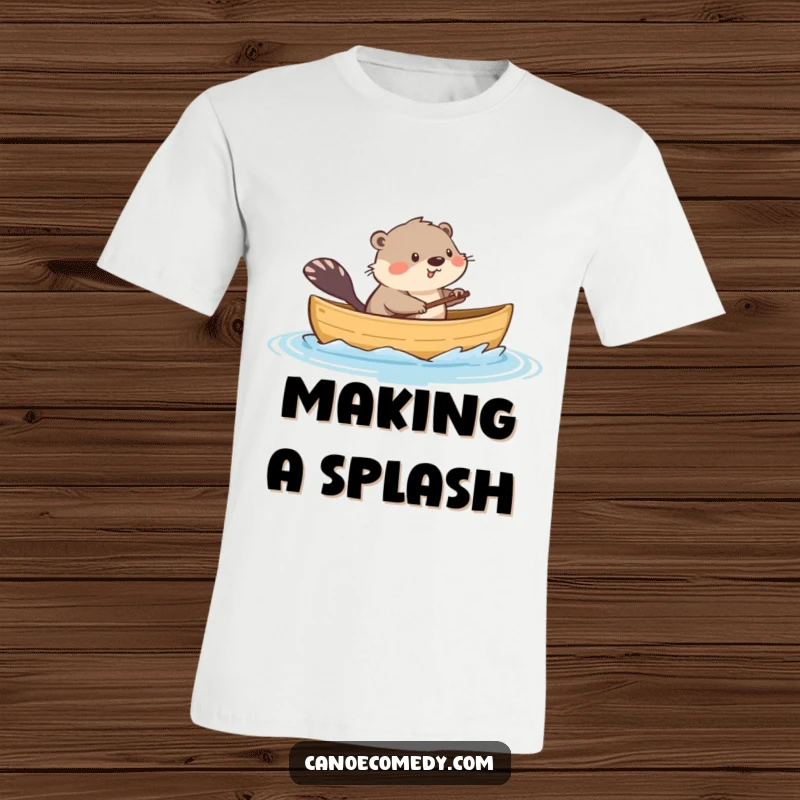 Funny t-shirt depicting a playful kawaii muskrat in a miniature canoe, splashing water with its tail, conveying joy and humor.