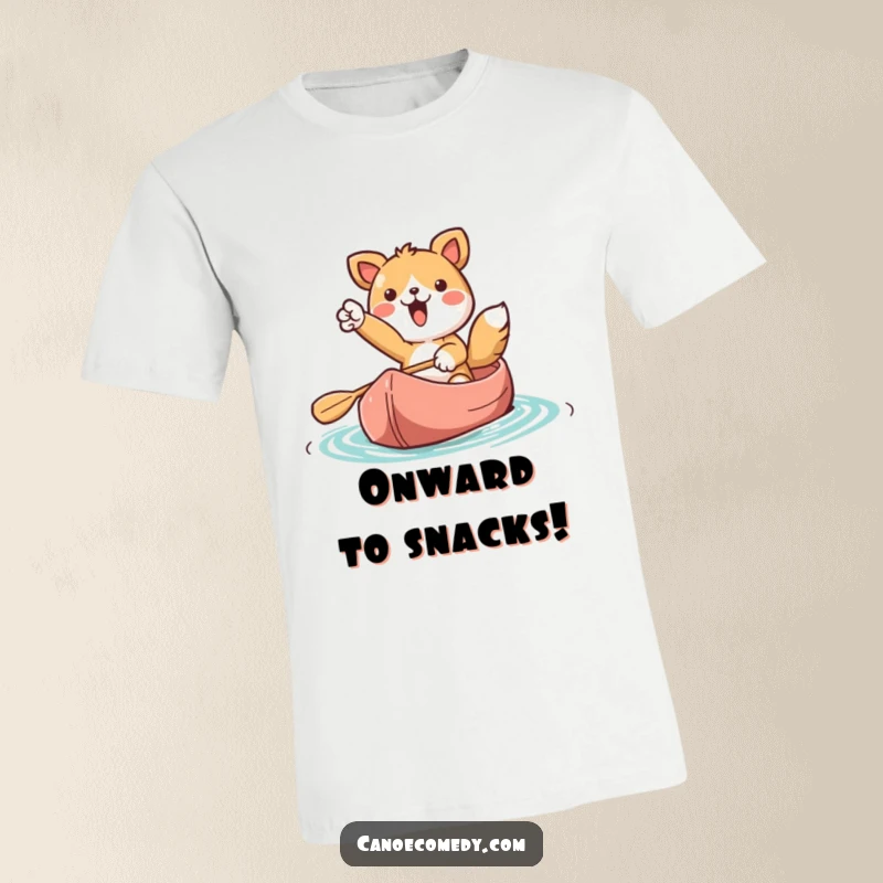 Funny Kawaii animal character pointing ahead from a canoe on a t-shirt, symbolizing aspiration and excitement.