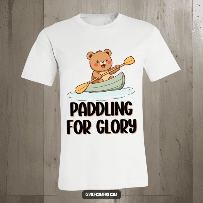 Funny t-shirt featuring a cartoon bear paddling a canoe with extreme excitement, illustrating a comical and adventurous spirit, ideal for funny gifts.