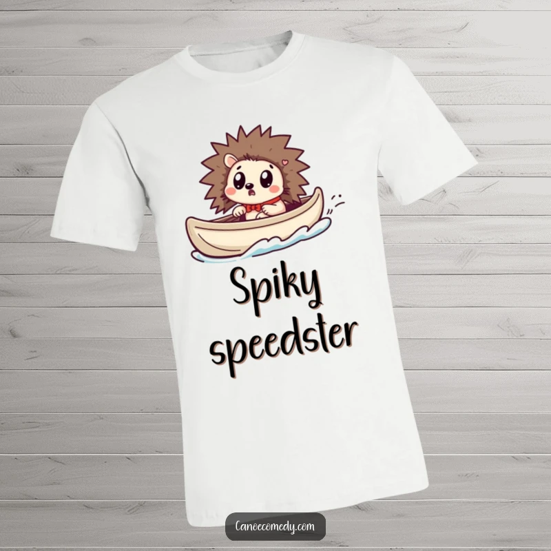 Funny Kawaii hedgehog t-shirt featuring a cute hedgehog looking comically surprised as its canoe picks up speed.