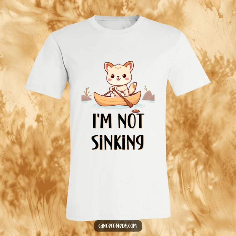 Funny Kawaii animal character depicted precariously balancing in a small canoe on a t-shirt, a comical wearable.