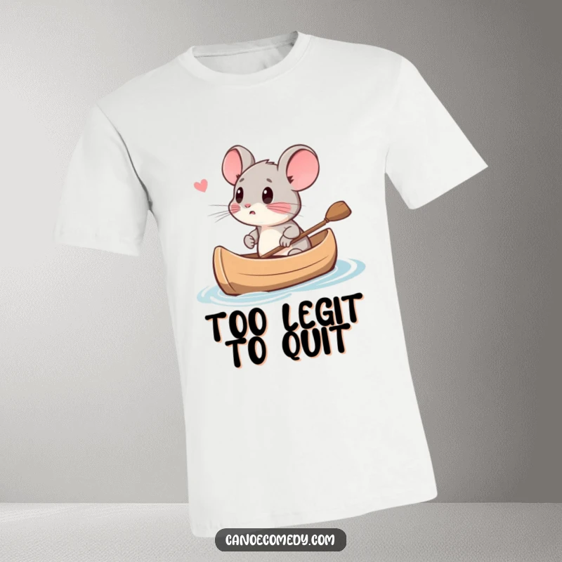 Funny small mouse looking scared in a canoe, conveying comical fear on a t-shirt, ideal for a funny gift.