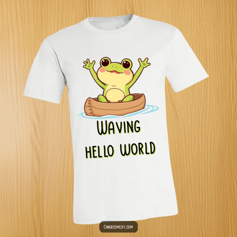 Kawaii frog character waving its arms excitedly while paddling a canoe, printed on a humorous t-shirt.
