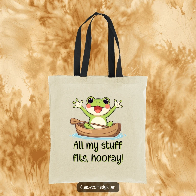 Funny Kawaii frog in a canoe, arms waving ecstatically, a cute and humorous tote bag for daily use.