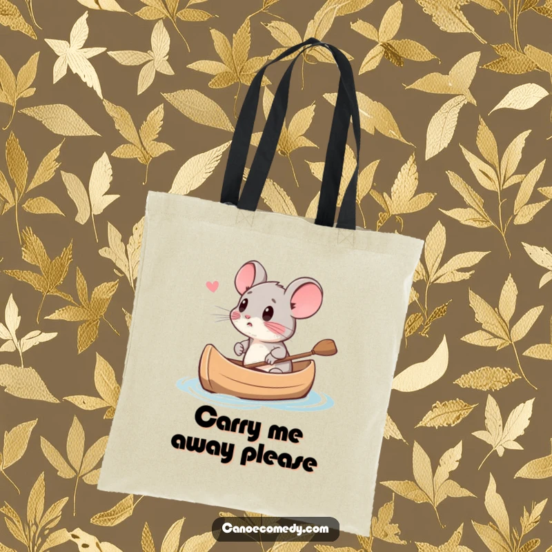 Funny small mouse looking scared in a canoe, depicted on a tote bag, a perfect funny gift.