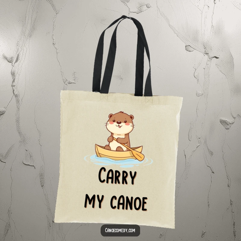 Funny tote bag featuring a happy kawaii otter paddling a canoe with enthusiasm, ideal for carrying items with cute humor.